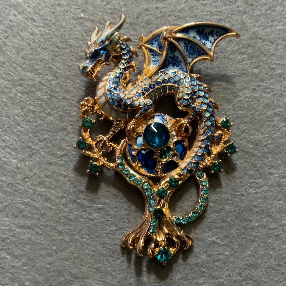 Gold Tone Blue Enamel Dragon Brooch Rhinestone Fantasy Mythical Creature Pin